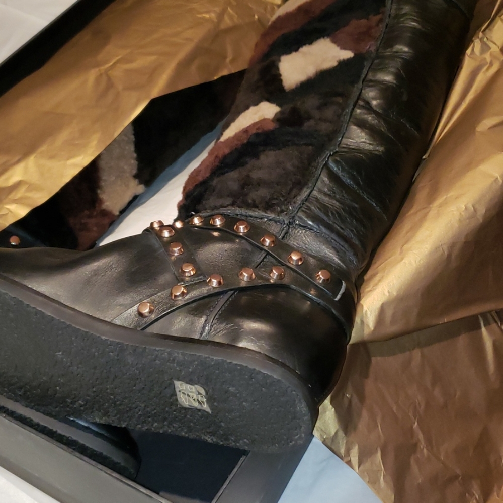 Ivy Kirzhner New BOOTS Luxe TALL Hidden Wedge Stud Leather Shearling BLACK - Picture 12 of 16